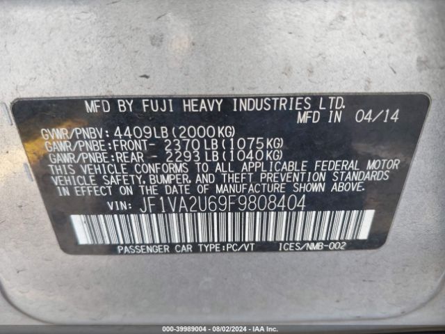 Photo 8 VIN: JF1VA2U69F9808404 - SUBARU WRX 