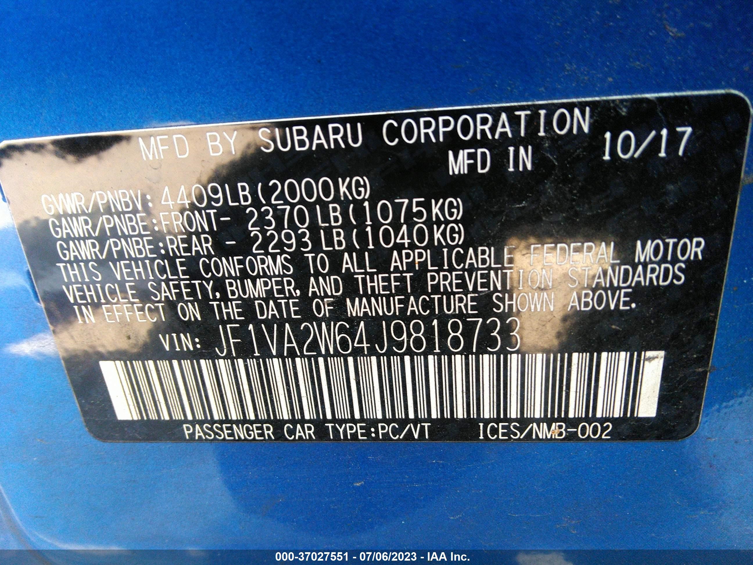 Photo 8 VIN: JF1VA2W64J9818733 - SUBARU WRX 