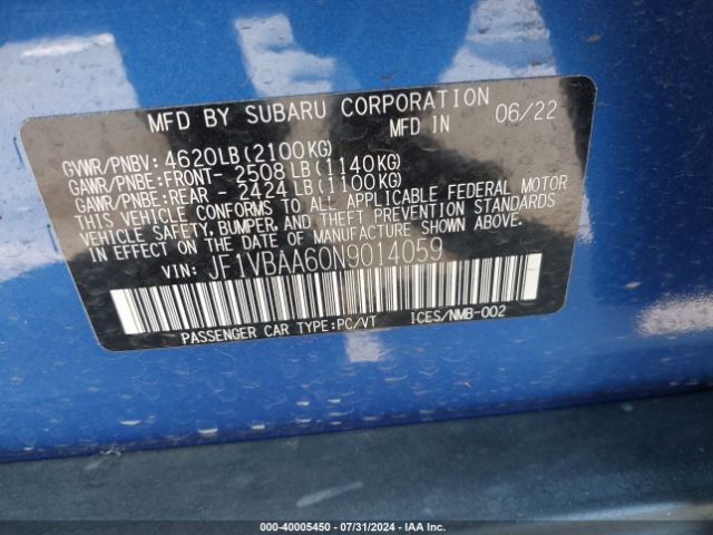 Photo 8 VIN: JF1VBAA60N9014059 - SUBARU WRX 