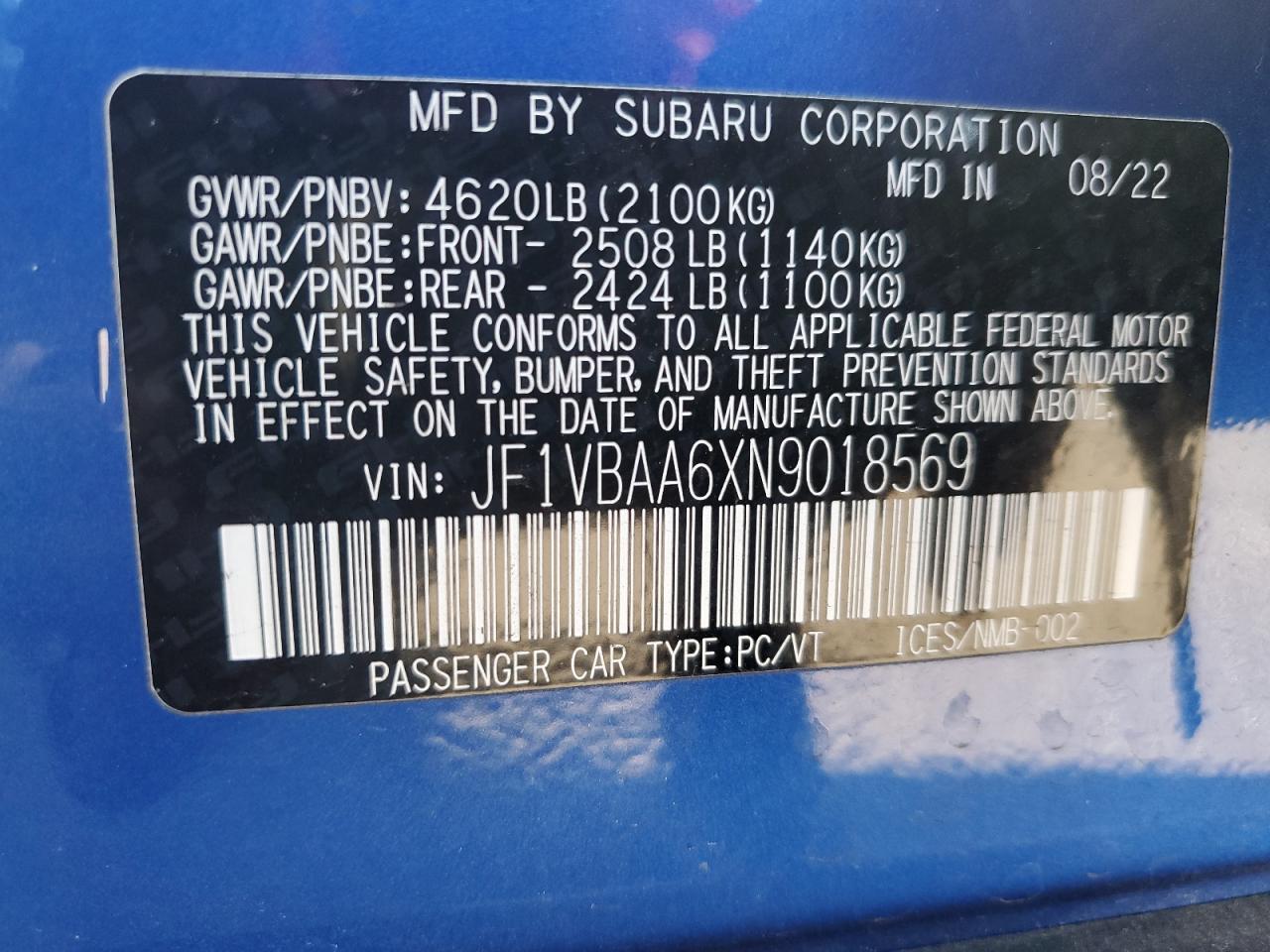 Photo 11 VIN: JF1VBAA6XN9018569 - SUBARU WRX 