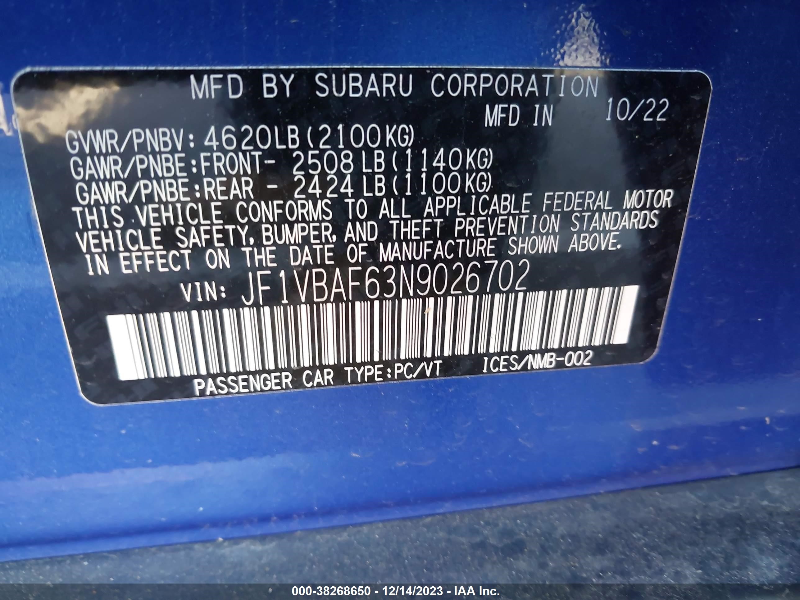 Photo 8 VIN: JF1VBAF63N9026702 - SUBARU WRX 