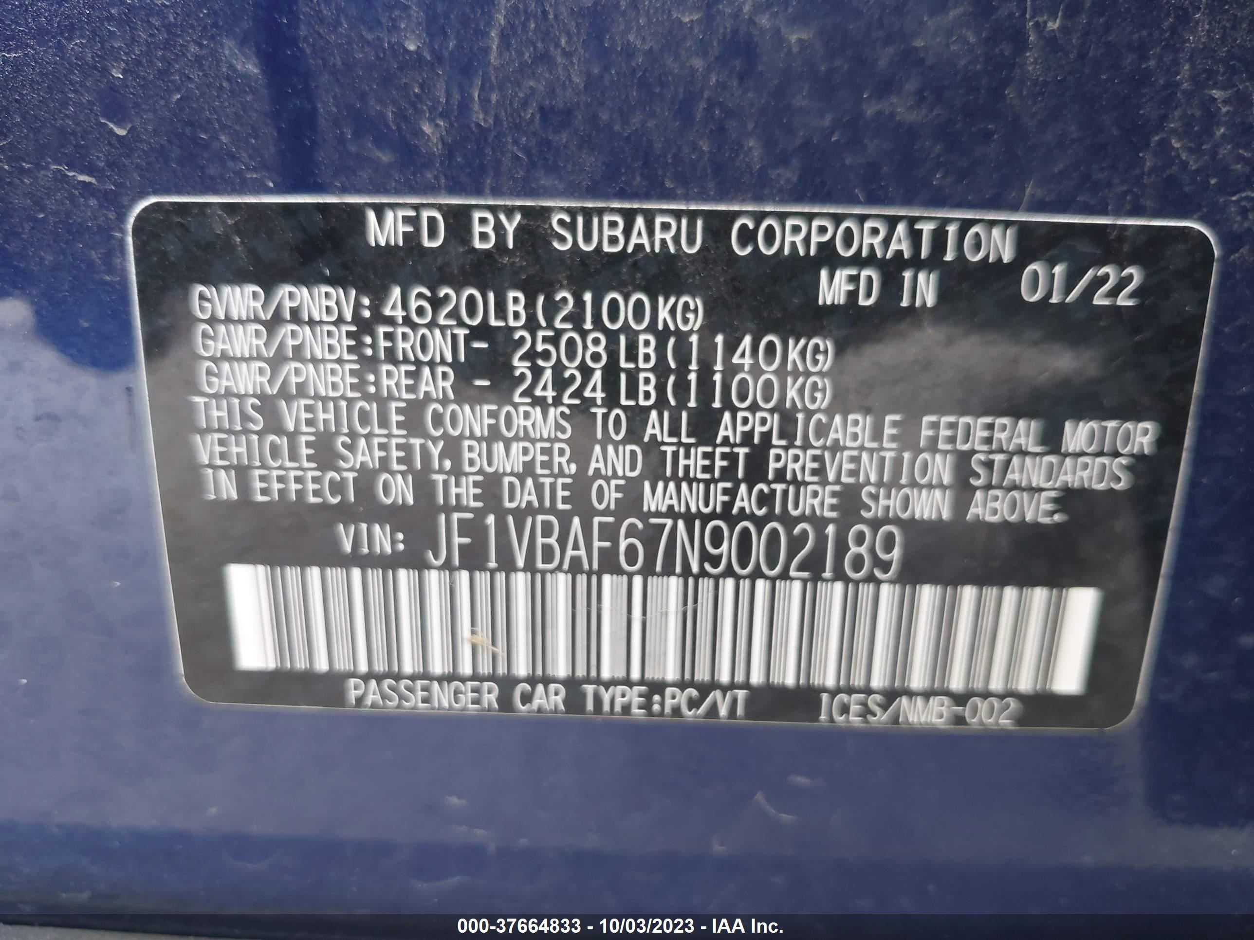 Photo 8 VIN: JF1VBAF67N9002189 - SUBARU WRX 