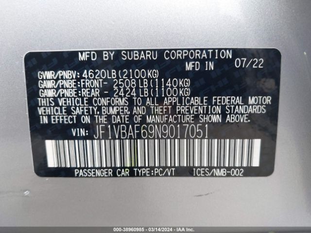 Photo 8 VIN: JF1VBAF69N9017051 - SUBARU WRX 