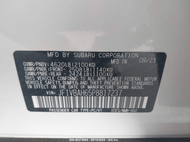 Photo 8 VIN: JF1VBAH65P8817237 - SUBARU WRX 