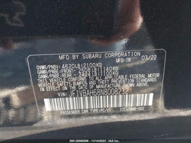 Photo 8 VIN: JF1VBAH68N8008232 - SUBARU WRX 