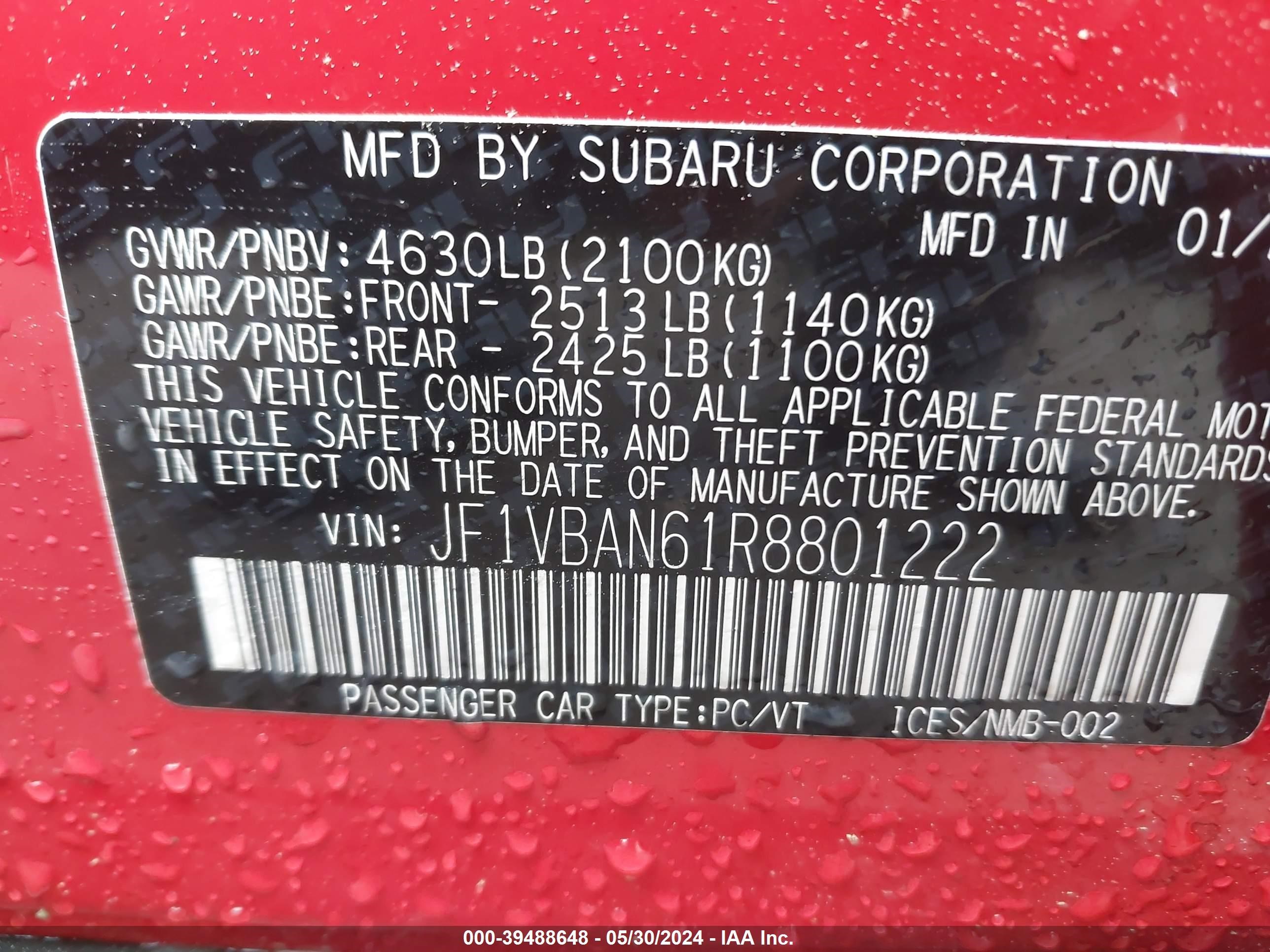 Photo 8 VIN: JF1VBAN61R8801222 - SUBARU WRX 