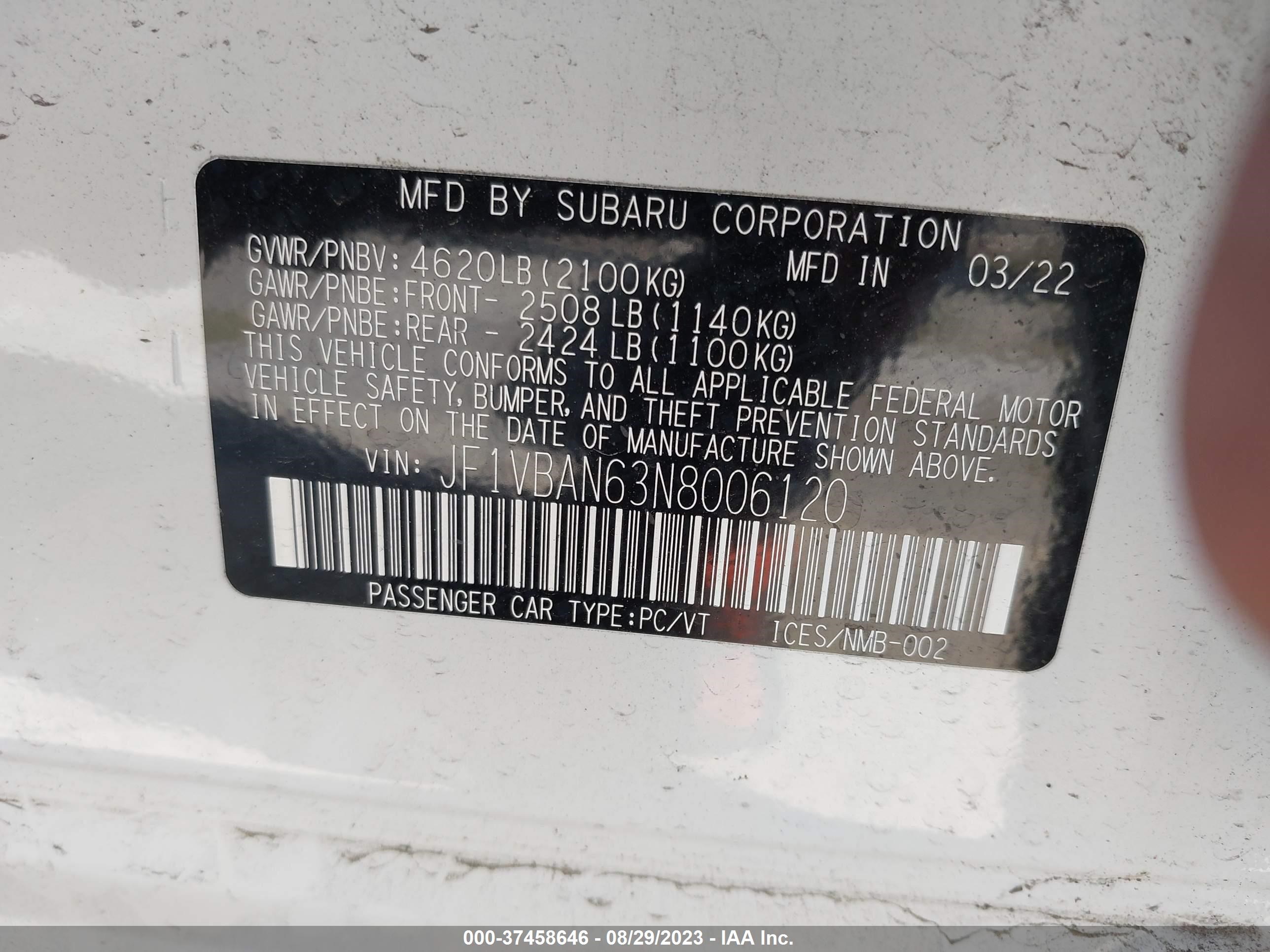 Photo 8 VIN: JF1VBAN63N8006120 - SUBARU WRX 