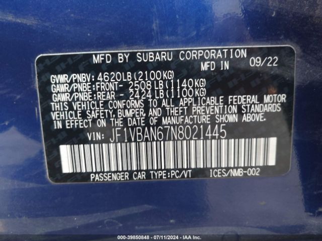 Photo 8 VIN: JF1VBAN67N8021445 - SUBARU WRX 