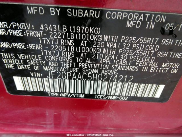 Photo 8 VIN: JF2GPAAC5HG274212 - SUBARU CROSSTREK 