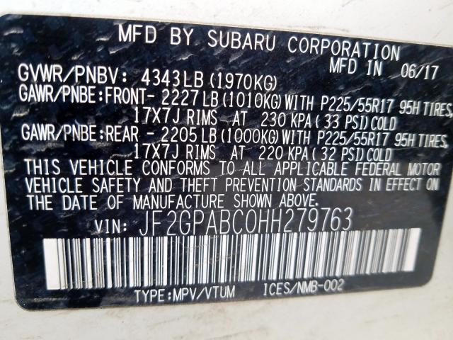 Photo 9 VIN: JF2GPABC0HH279763 - SUBARU CROSSTREK 