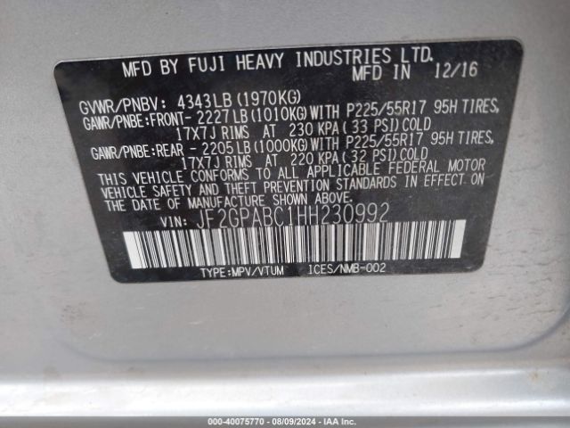 Photo 8 VIN: JF2GPABC1HH230992 - SUBARU CROSSTREK 