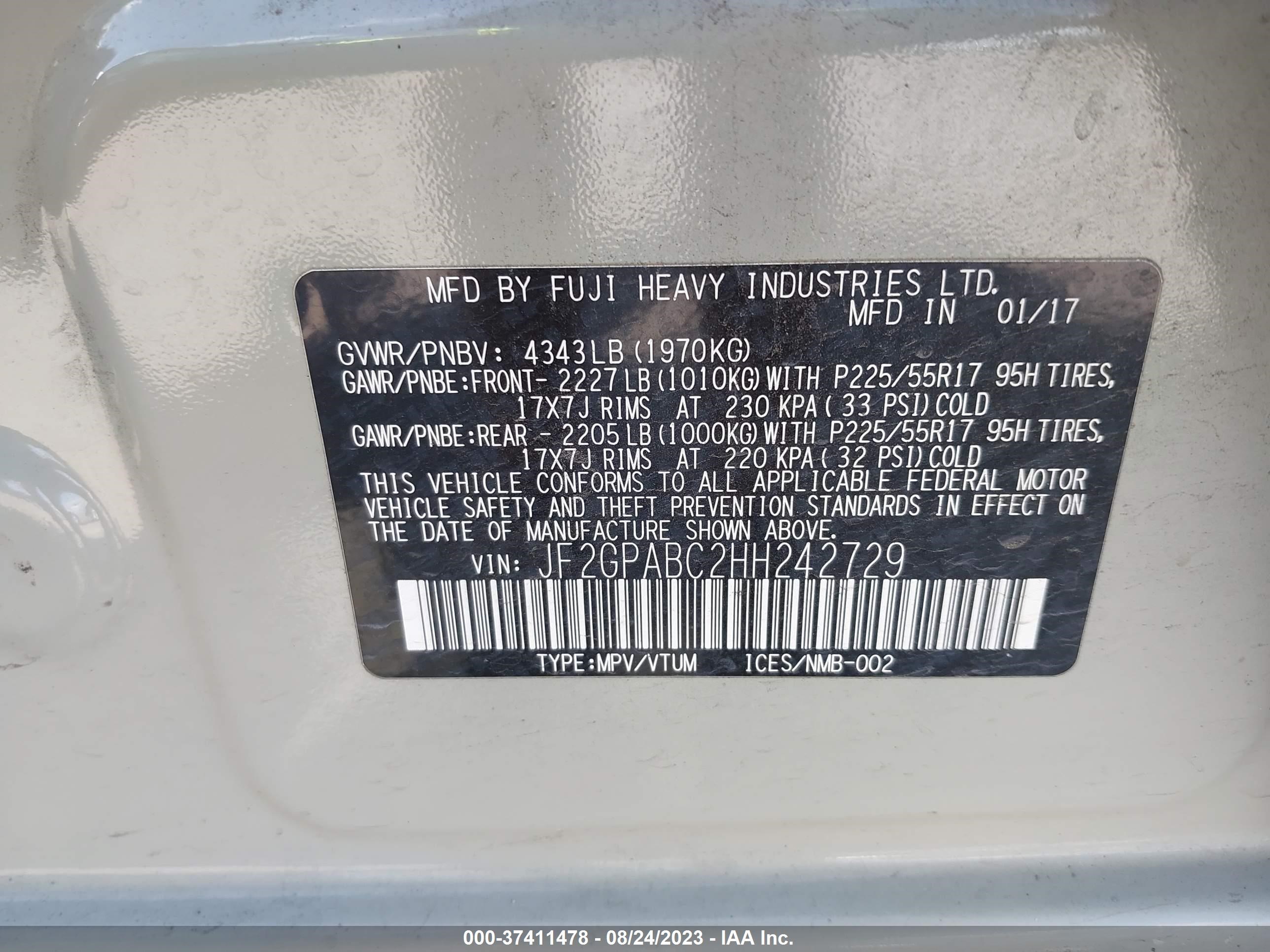 Photo 8 VIN: JF2GPABC2HH242729 - SUBARU CROSSTREK 