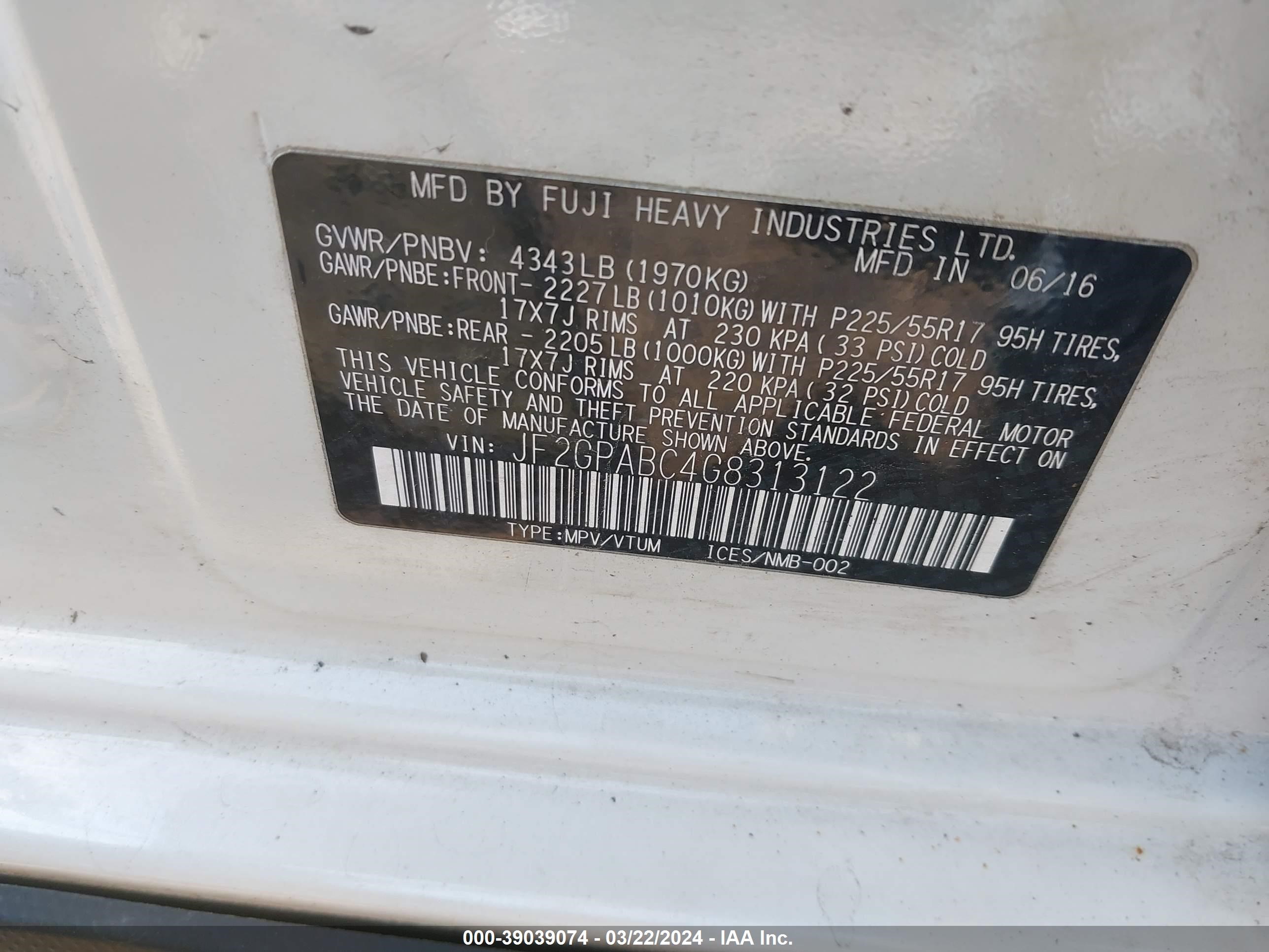 Photo 8 VIN: JF2GPABC4G8313122 - SUBARU CROSSTREK 