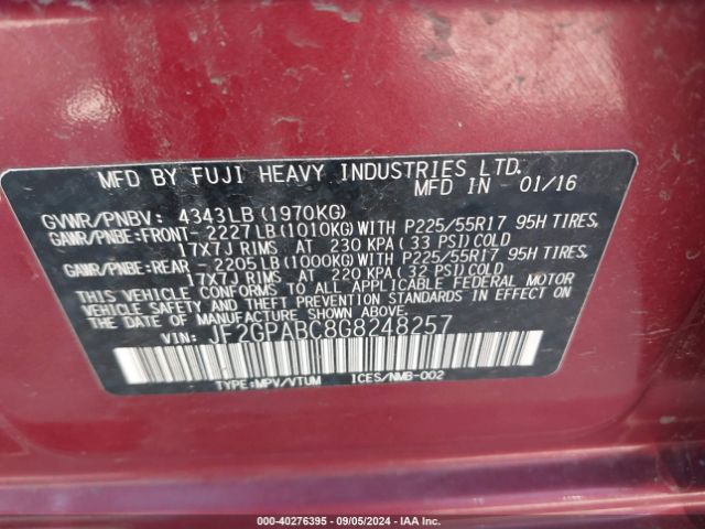 Photo 8 VIN: JF2GPABC8G8248257 - SUBARU CROSSTREK 