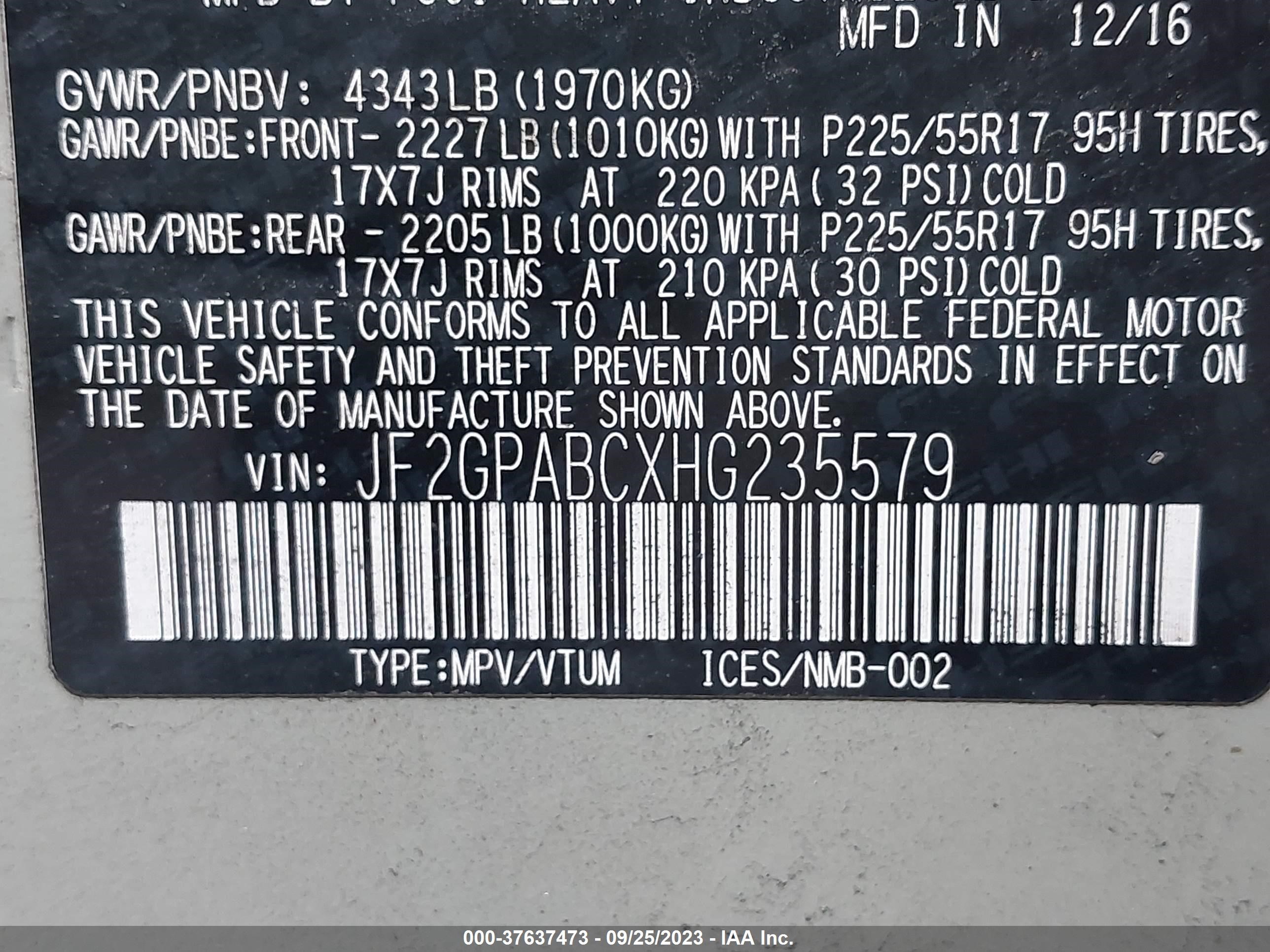 Photo 8 VIN: JF2GPABCXHG235579 - SUBARU CROSSTREK 