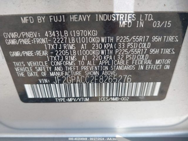 Photo 8 VIN: JF2GPACC2F8265276 - SUBARU XV CROSSTREK 