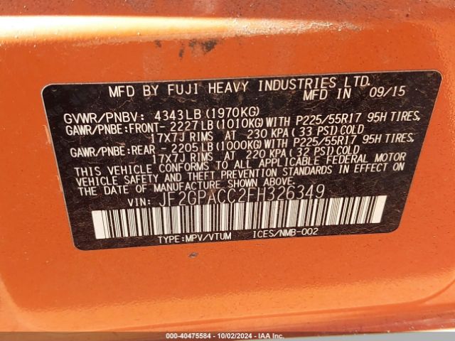 Photo 8 VIN: JF2GPACC2FH326349 - SUBARU XV CROSSTREK 