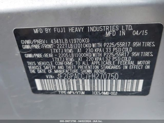 Photo 8 VIN: JF2GPACC7FH270750 - SUBARU XV CROSSTREK 