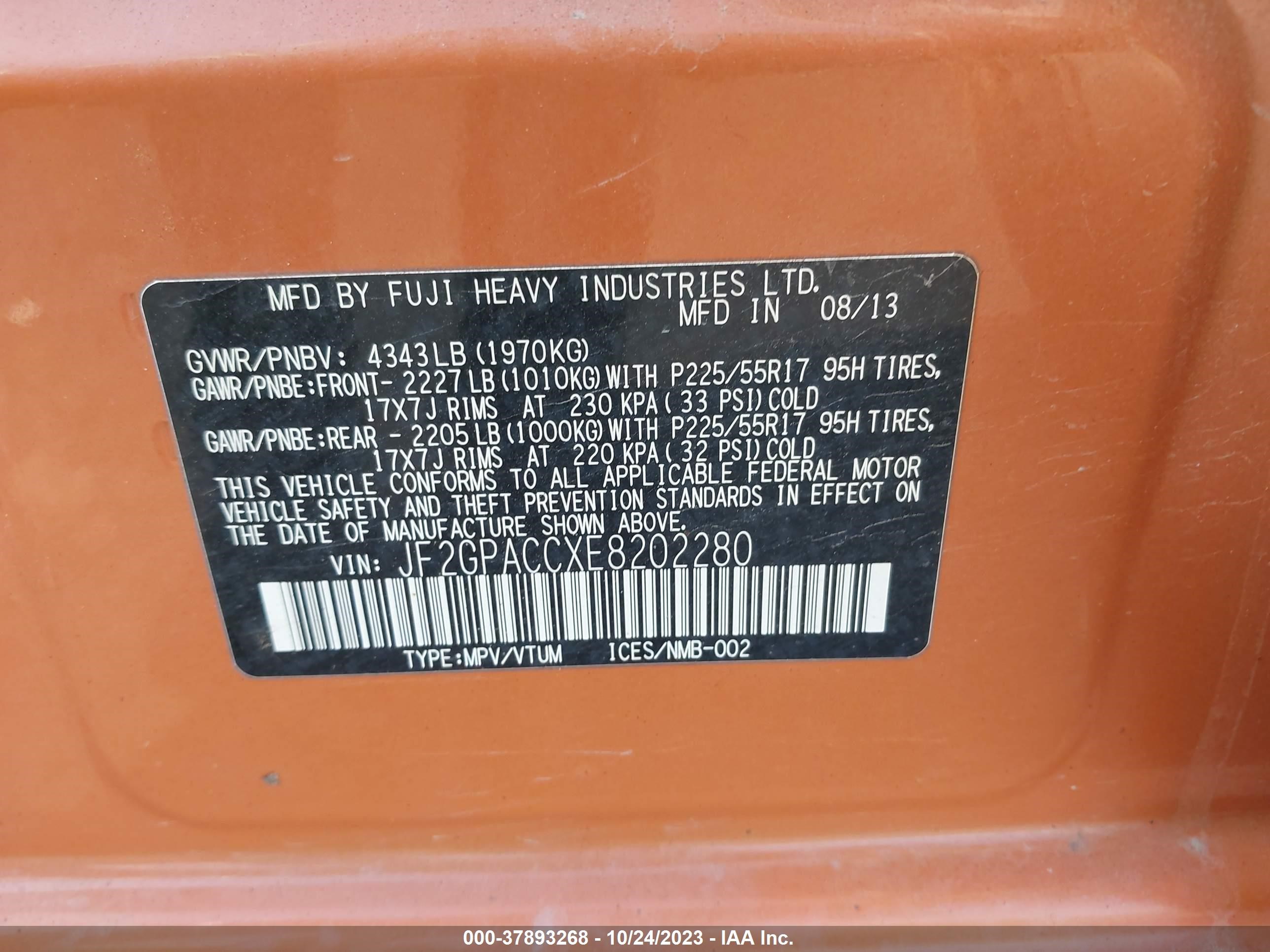 Photo 8 VIN: JF2GPACCXE8202280 - SUBARU CROSSTREK 