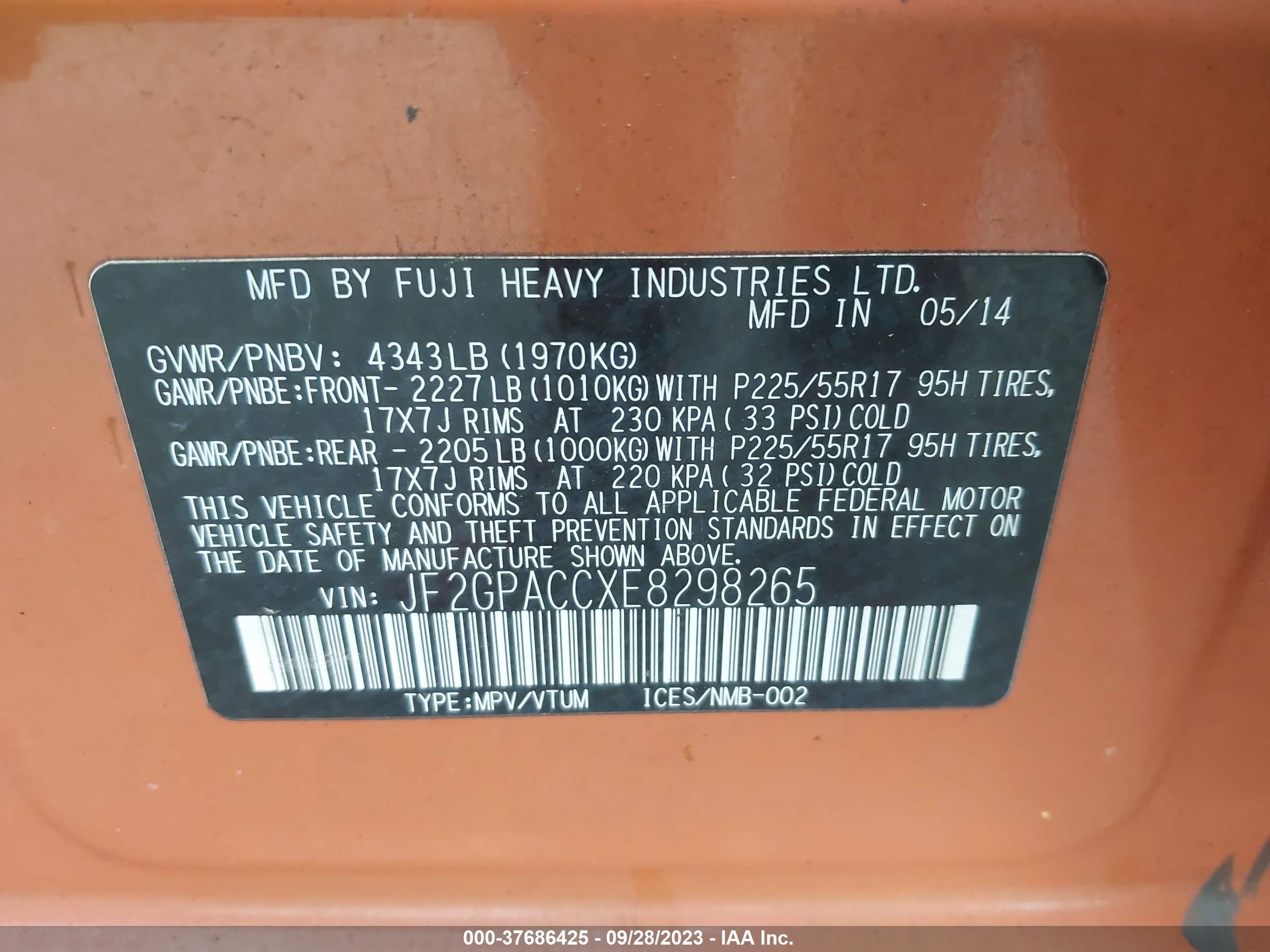 Photo 8 VIN: JF2GPACCXE8298265 - SUBARU CROSSTREK 