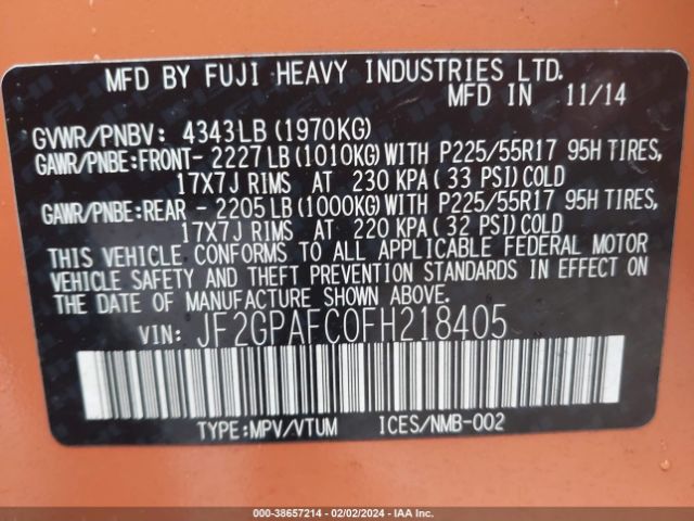 Photo 8 VIN: JF2GPAFC0FH218405 - SUBARU XV CROSSTREK 