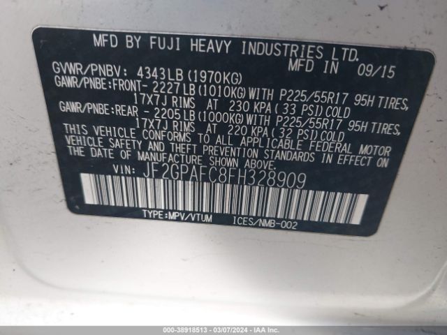 Photo 8 VIN: JF2GPAFC8FH328909 - SUBARU XV CROSSTREK 