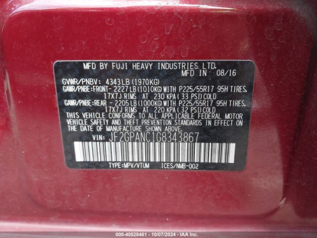 Photo 8 VIN: JF2GPANC1G8343867 - SUBARU CROSSTREK 