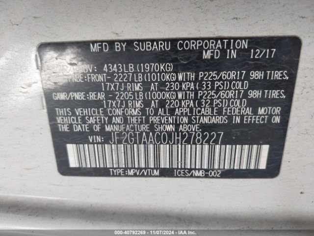 Photo 8 VIN: JF2GTAAC0JH278227 - SUBARU CROSSTREK 