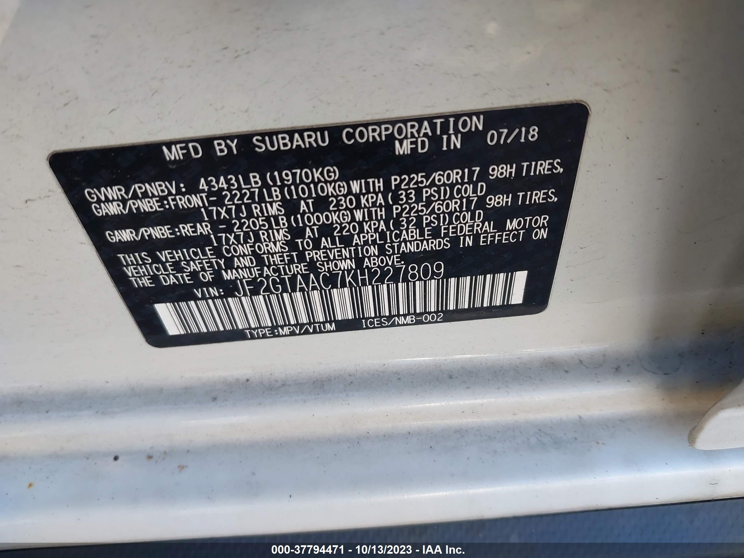 Photo 8 VIN: JF2GTAAC7KH227809 - SUBARU CROSSTREK 