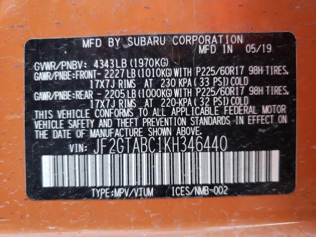 Photo 9 VIN: JF2GTABC1KH346440 - SUBARU CROSSTREK 