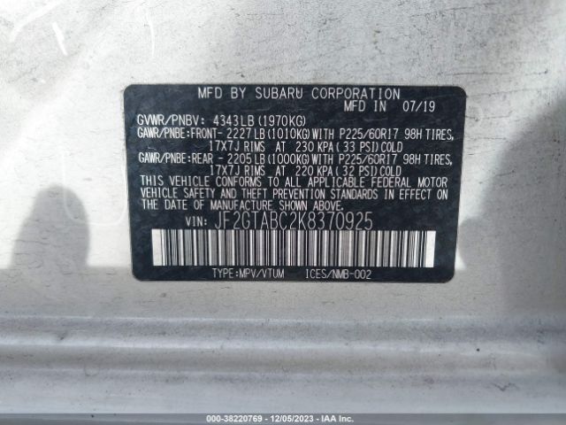 Photo 8 VIN: JF2GTABC2K8370925 - SUBARU CROSSTREK 