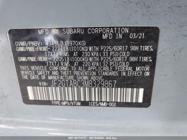 Photo 8 VIN: JF2GTABC3M8329867 - SUBARU CROSSTREK 