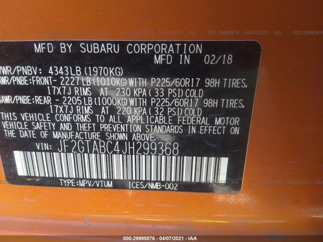 Photo 8 VIN: JF2GTABC4JH299368 - SUBARU CROSSTREK 