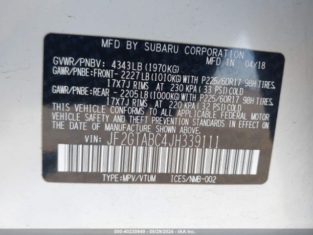 Photo 8 VIN: JF2GTABC4JH339111 - SUBARU CROSSTREK 