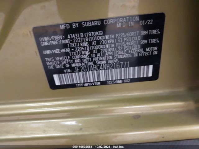 Photo 8 VIN: JF2GTABC4NH216771 - SUBARU CROSSTREK 