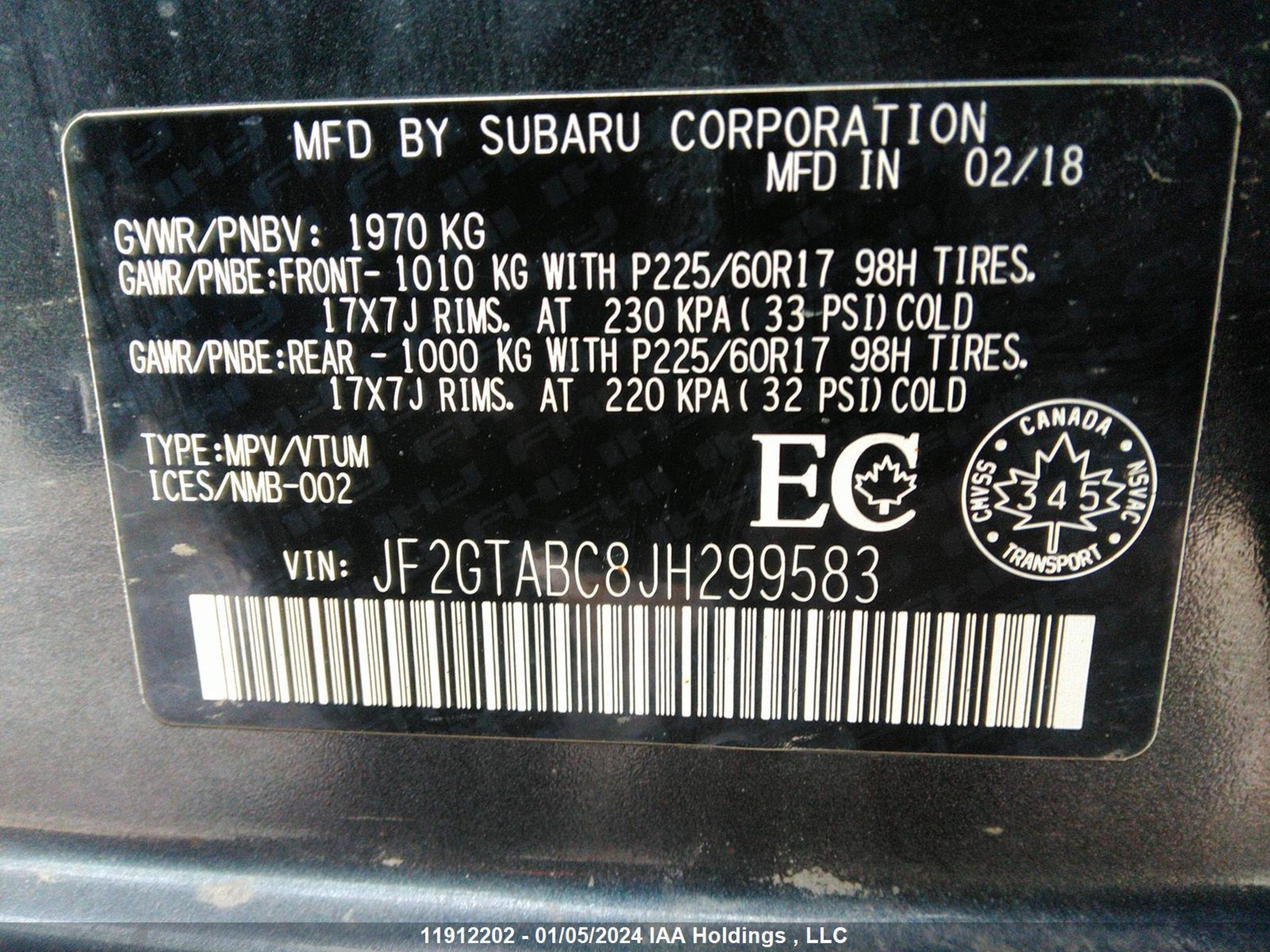 Photo 8 VIN: JF2GTABC8JH299583 - SUBARU CROSSTREK 