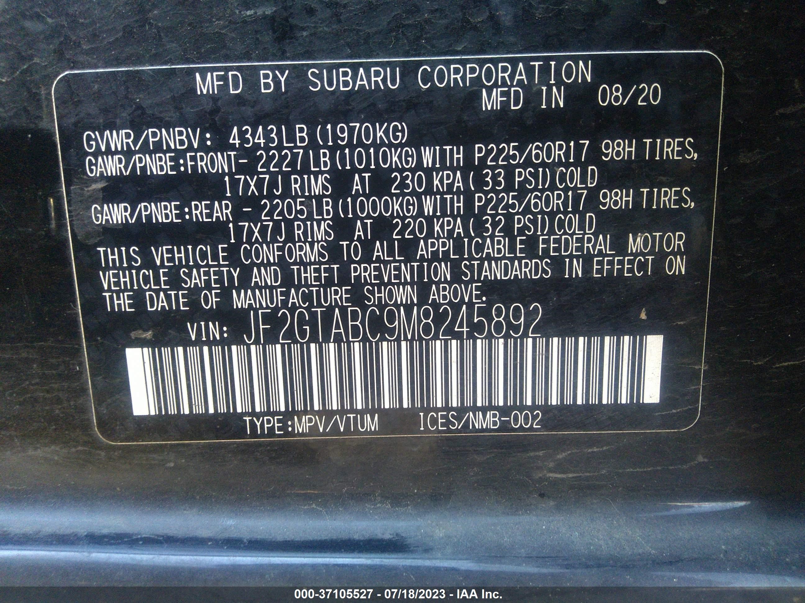 Photo 8 VIN: JF2GTABC9M8245892 - SUBARU CROSSTREK 