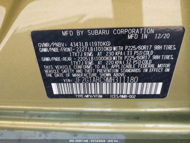 Photo 8 VIN: JF2GTABC9MH311180 - SUBARU CROSSTREK 