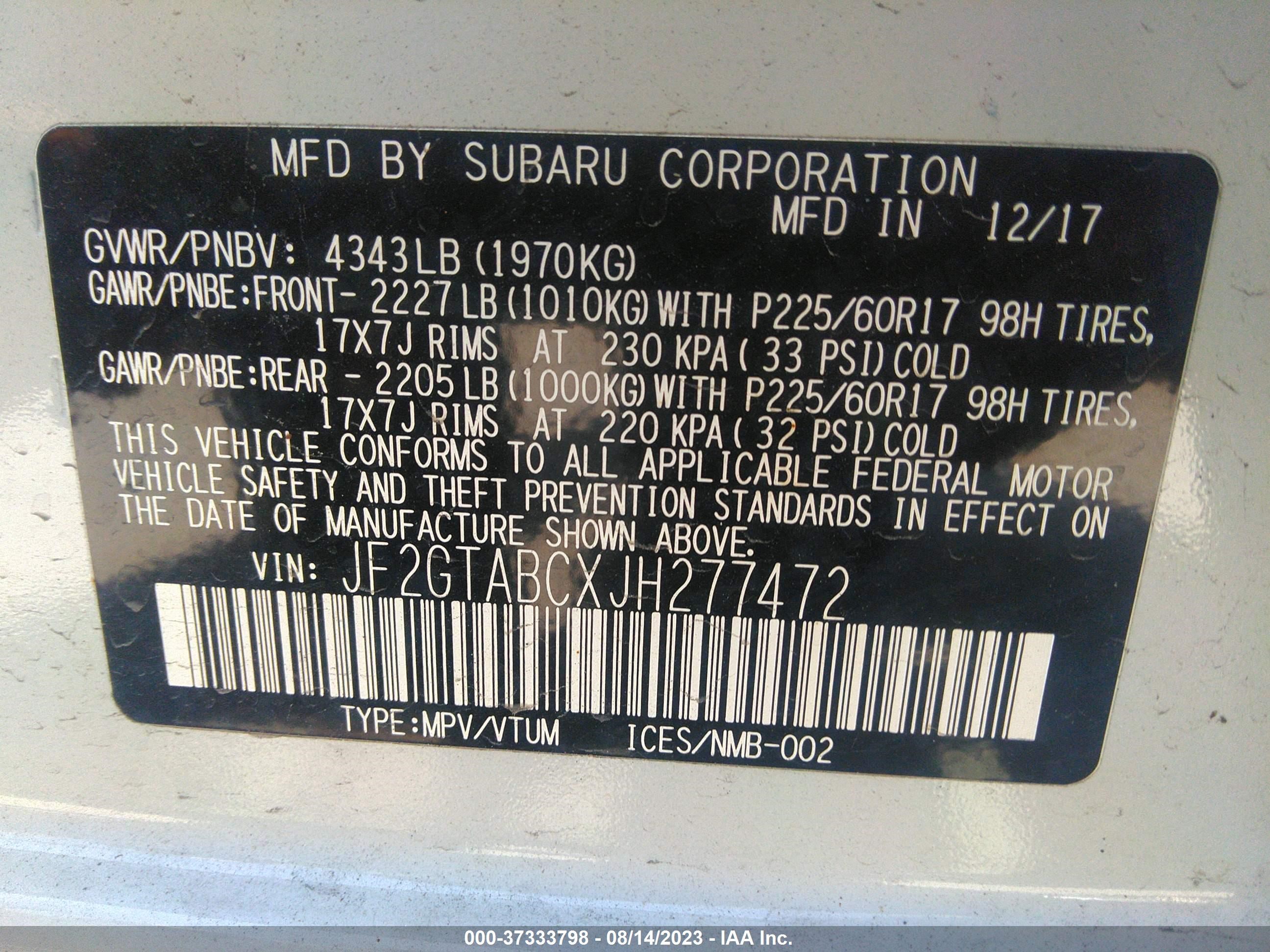 Photo 8 VIN: JF2GTABCXJH277472 - SUBARU CROSSTREK 