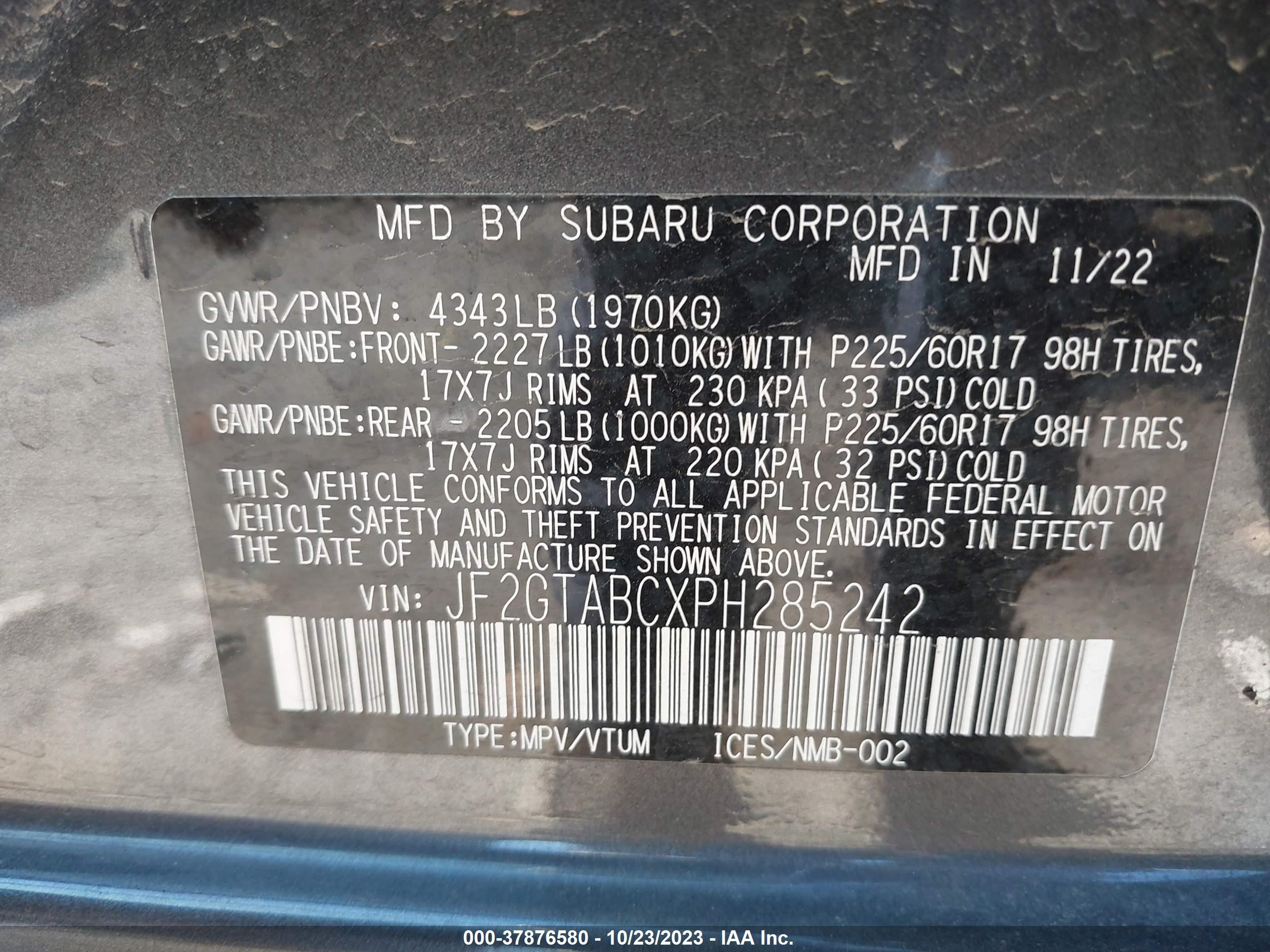 Photo 8 VIN: JF2GTABCXPH285242 - SUBARU CROSSTREK 