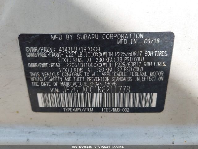 Photo 8 VIN: JF2GTACC1K8211778 - SUBARU CROSSTREK 