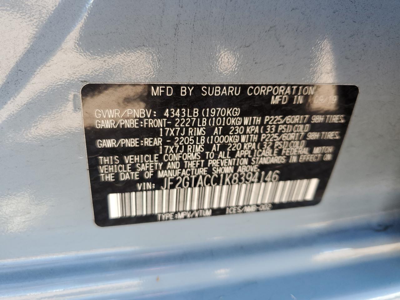 Photo 11 VIN: JF2GTACC1K8394146 - SUBARU CROSSTREK 