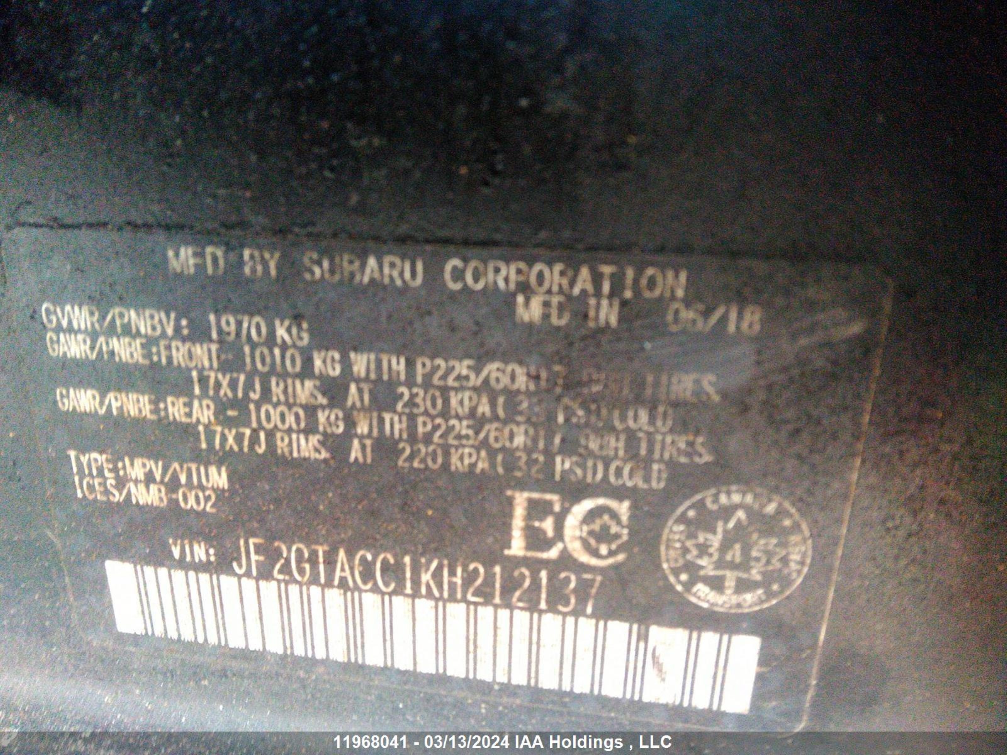 Photo 8 VIN: JF2GTACC1KH212137 - SUBARU CROSSTREK 