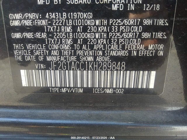 Photo 8 VIN: JF2GTACC1KH289848 - SUBARU CROSSTREK 