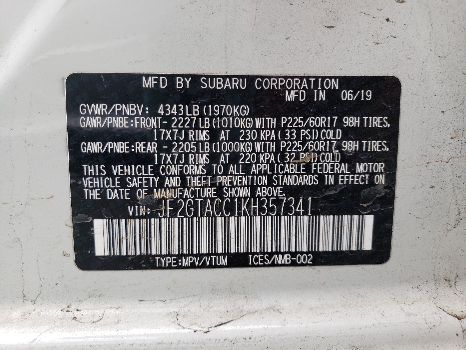 Photo 9 VIN: JF2GTACC1KH357341 - SUBARU OUTBACK 