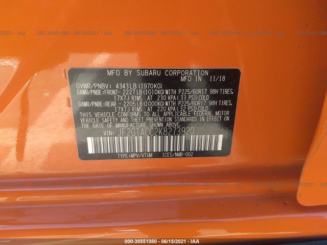 Photo 8 VIN: JF2GTACC2K8273920 - SUBARU CROSSTREK 