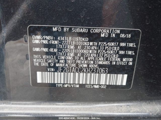 Photo 8 VIN: JF2GTACC2KH237063 - SUBARU CROSSTREK 