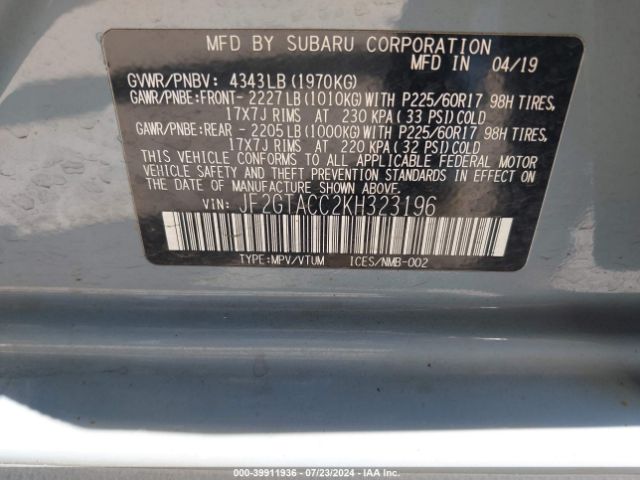 Photo 8 VIN: JF2GTACC2KH323196 - SUBARU CROSSTREK 