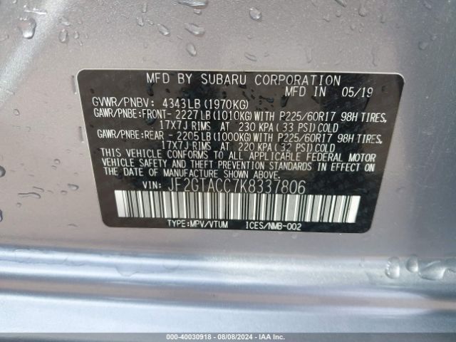 Photo 8 VIN: JF2GTACC7K8337806 - SUBARU CROSSTREK 