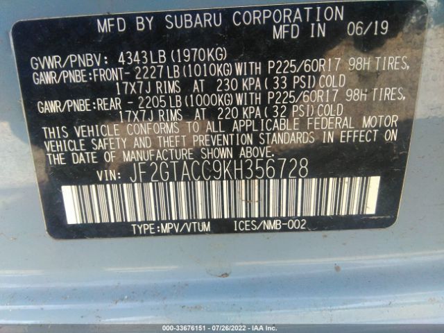 Photo 8 VIN: JF2GTACC9KH356728 - SUBARU CROSSTREK 